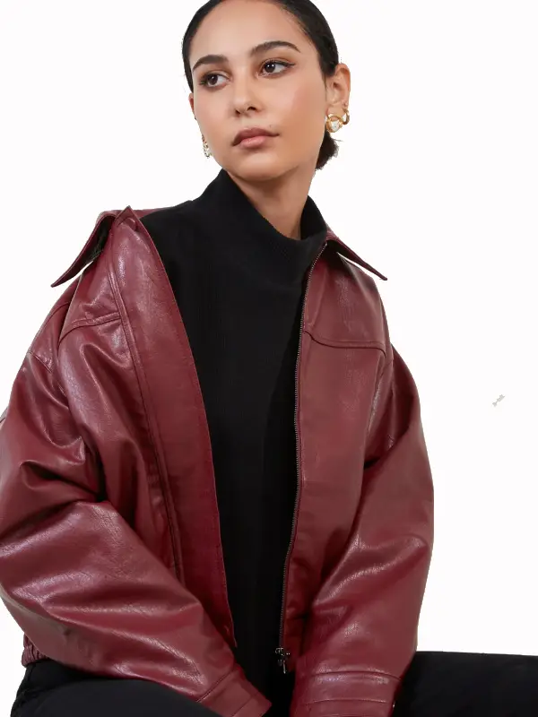 Womens Burgundy Leather Cropped Jacket