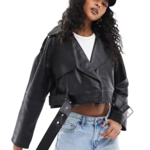 Womens Overszied Cropped Leather Jacket