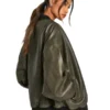 Womens VIintage Bomber Leather Oversized Jacket Grey