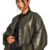 Womens Vintage Look Oversized Grey Bomber Leather Jacket