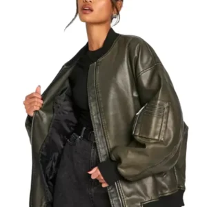 Womens Vintage Oversized Bomber Leather Jacket Grey