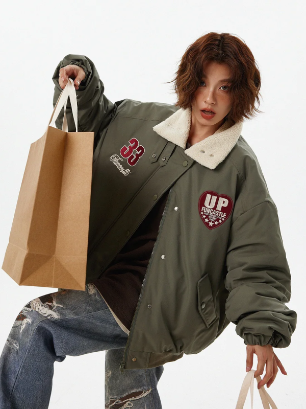 Boa Lapel Casual Green Padded Jacket