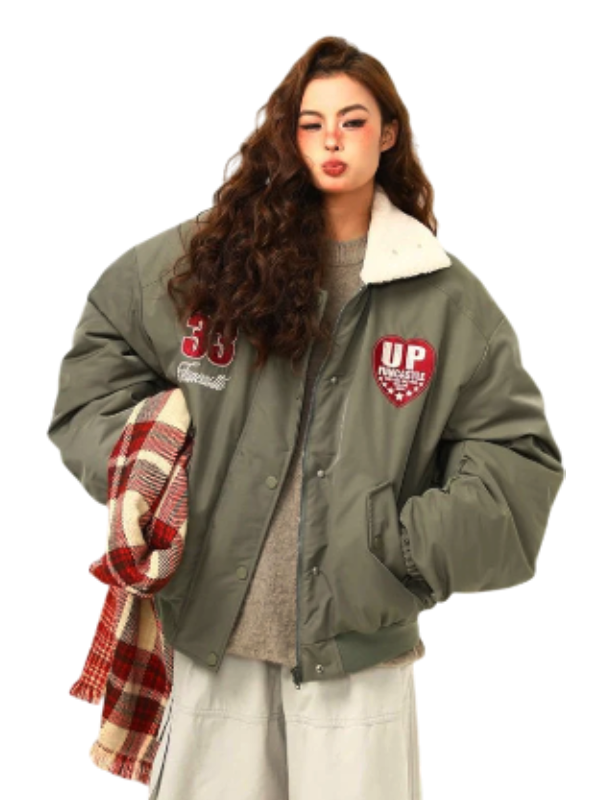 Boa Lapel Casual Padded Green Jacket