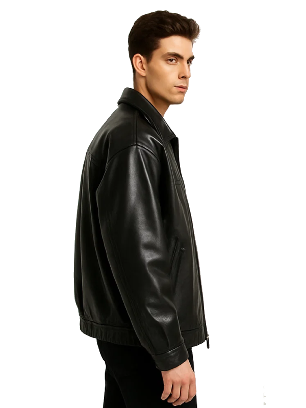 Men's Black Leather Zip-Up Jacket