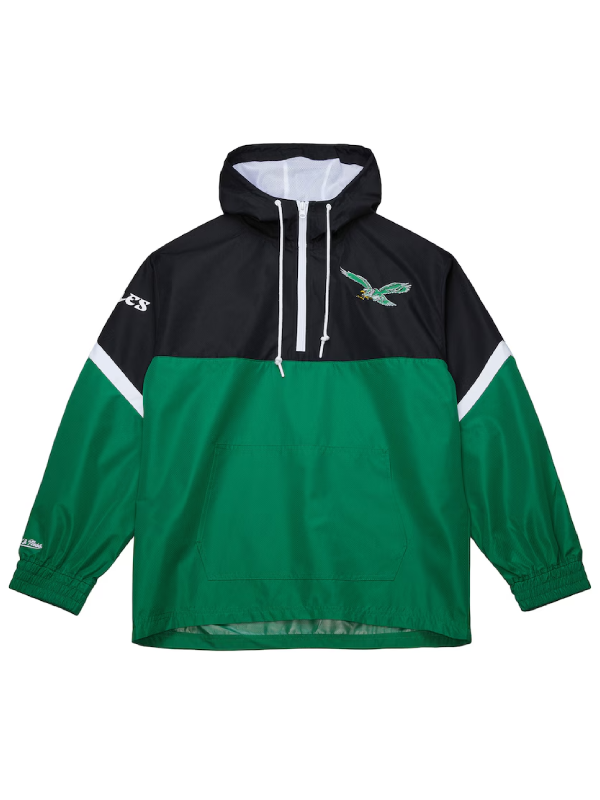 Men's Mitchell & Ness BlackGreen Philadelphia Eagles Tie Breaker Vintage Logo Lightweight Anorak Half-Zip Windbreaker Jacket