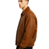 Men’s Oversized Brown Leather Bomber Jacket with Front Pocket