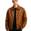 Men’s Oversized Front Pockets Brown Leather Jacket