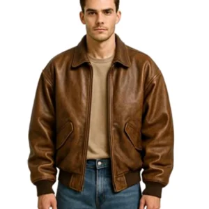 Classic Brown Leather Bomber Jacket for Men
