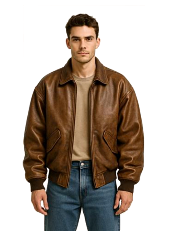 Classic Brown Leather Bomber Jacket for Men