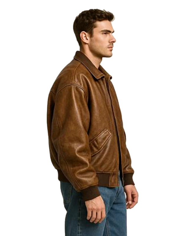 Mens Classic Brown Leather Bomber Jacket