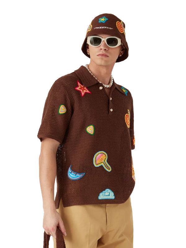 Motif Crochet Polo Brown Shirt