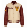 Unisex Beige 'V' Patch Wool Varsity Leather Jacket