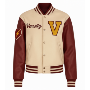 Unisex Beige 'V' Patch Wool Varsity Leather Jacket