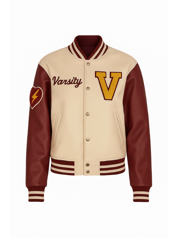 Unisex Beige 'V' Patch Wool Varsity Leather Jacket