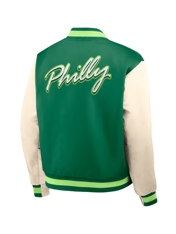 Men's Philadelphia Eagles Nike Kelly GreenCream Rewind Legacy Full-Snap Bomber Jacket
