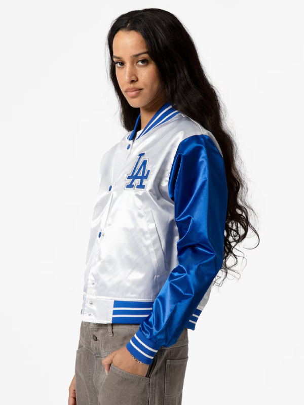 Mitchell and Ness Women's White Los Angeles Dodgers Cropped Satin Full-Snap Jacket