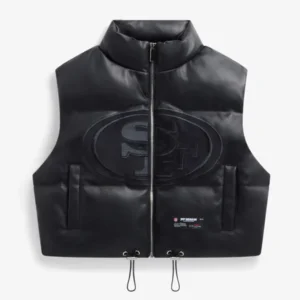 San Francisco 49ers Faux Leather Cropped Puffer Vest Black