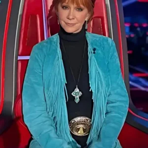 The Voice S28 Reba McEntire Blue Fringe Suede Coat