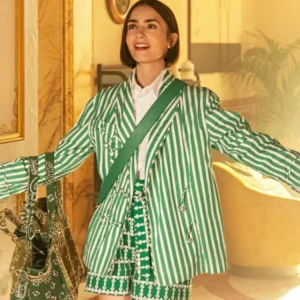 Lily Collins Emily in Paris Green Striped Jacket Blazer