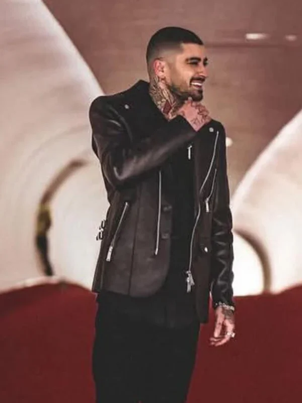 Zayn Malik Eyes Closed Black Leather Moto Blazer Jacket