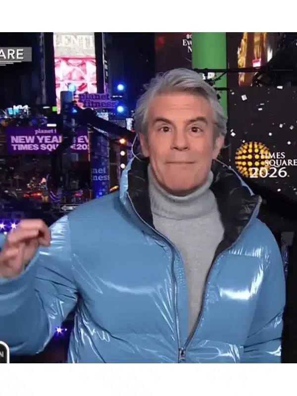 Andy Cohen New Year’s Eve 2026 Blue Puffer Jacket
