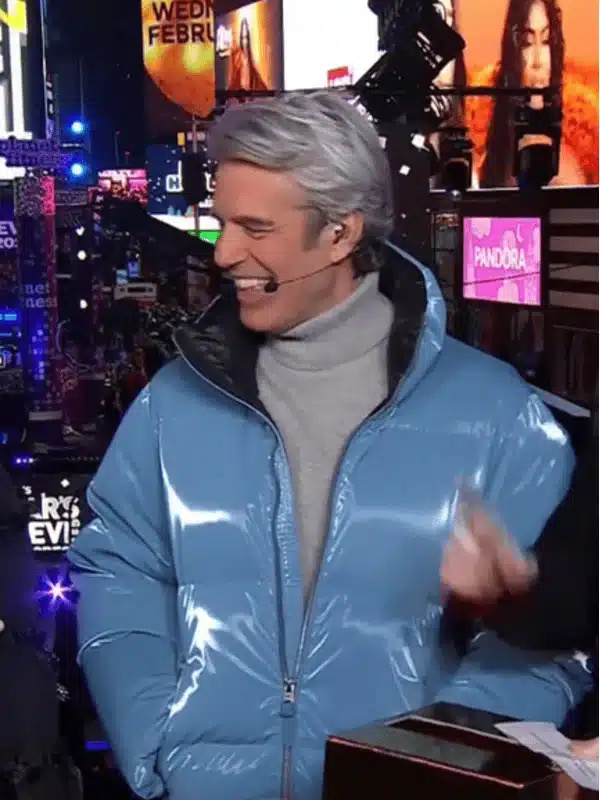 New Year's Eve Andy Cohen Blue Puffer Jacket