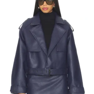 Womens Blue Oversized Belted Jacket