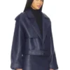 Womens Blue Oversized Belted Leather Jacket