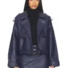 Womens Blue Oversized Leather Belted Jacket