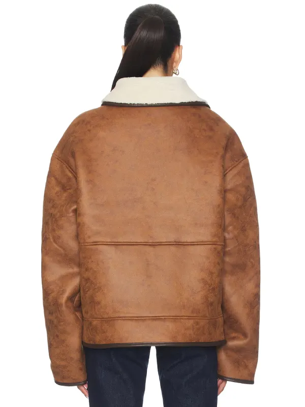 Womens Brown Oversized Shearling Leather Jacket