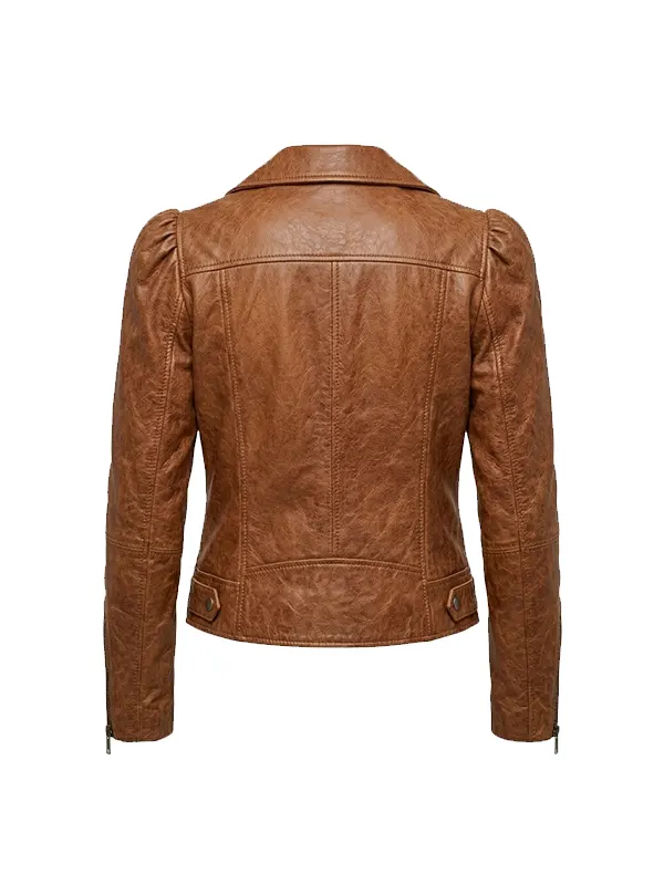 Women Tan Asymmetrical Brown Leather Biker Jacket - Image 2