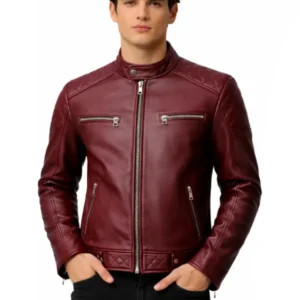 Burgundy Quilted Biker Leather Jacket