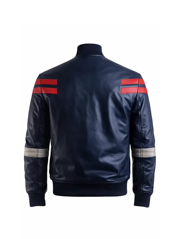 Men's Slim Fit Blue Bomber Motorcycle Leather Jacket - Image 2