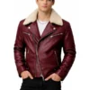 Men's Burgundy Shearling Collar Leather Jacket