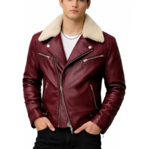 Men's Burgundy Shearling Collar Leather Jacket
