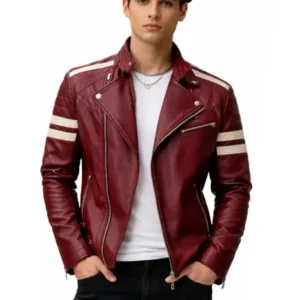 Men's Burgundy Striped Motorcycle Leather Jacket