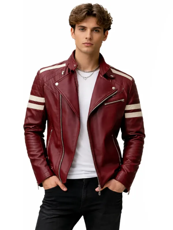 Men's Burgundy Striped Motorcycle Leather Jacket