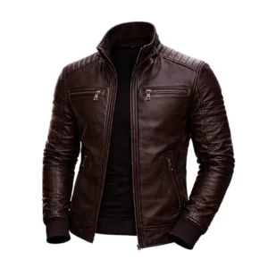 Men’s Dark Brown Quilted Leather Bomber Jacket