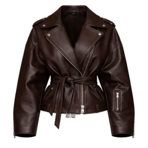 Oversized Brown Leather Moto Jacket Women