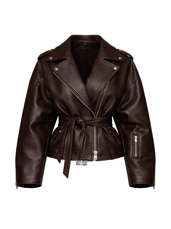 Oversized Brown Leather Moto Jacket Women
