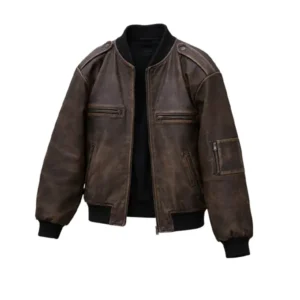 Vintage Distressed Brown Leather Bomber Jacket
