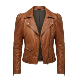 Women Tan Brown Leather Biker Jacket