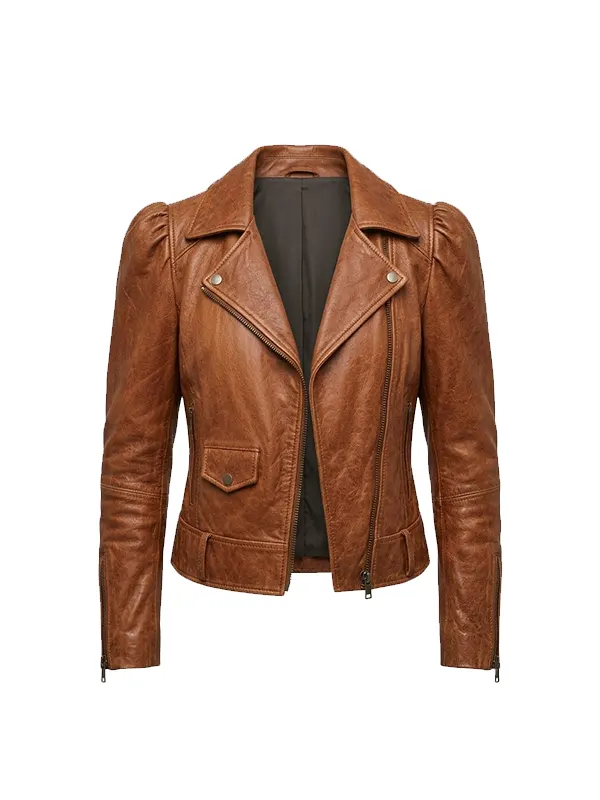 Women Tan Brown Leather Biker Jacket