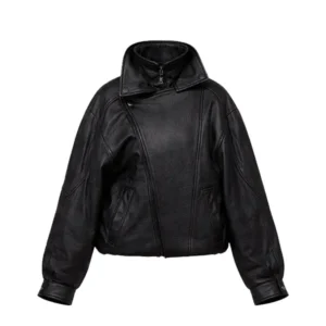 women funnel neck leather jacket
