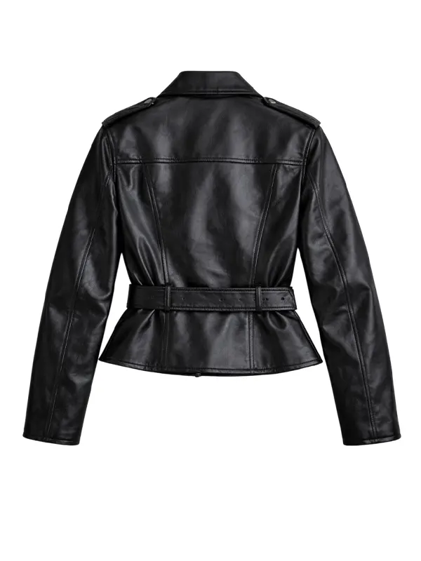 Women’s Slim Fit Black Leather Moto Jacket - Image 2