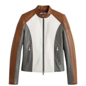Color Block Cafe Racer Leather Jacket Men