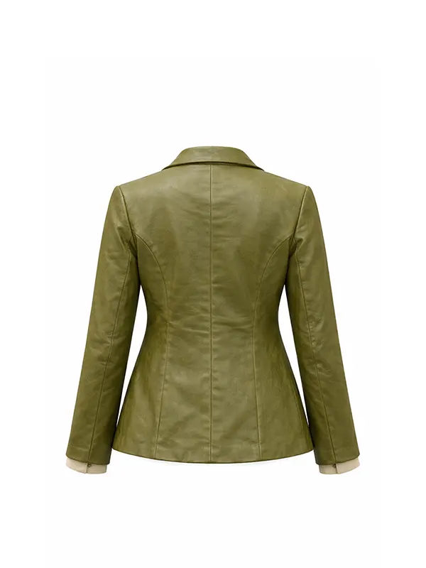 Women’s Olive Green Leather Blazer Jacket - Image 4