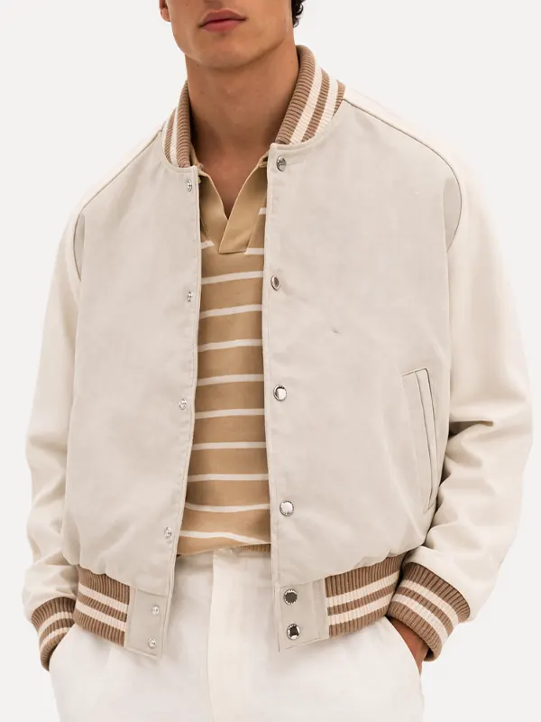 Men’s Beige Letterman Varsity Bomber Jacket