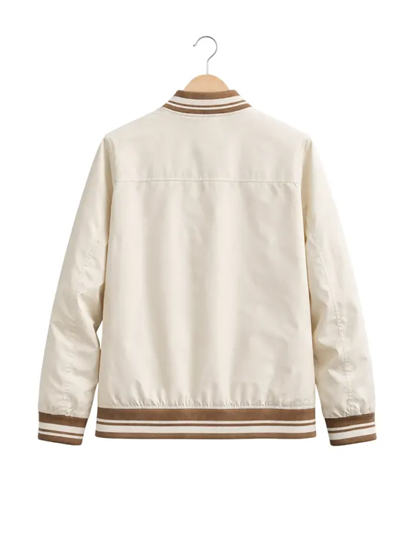 Men’s Beige Varsity Bomber Jacket - Image 2