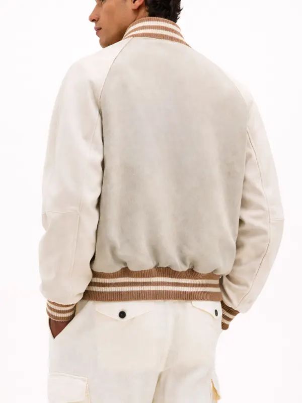 Men’s Beige Letterman Varsity Bomber Jacket - Image 2